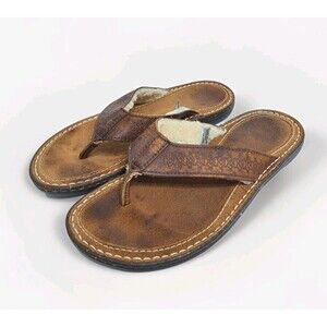 UGG Men's Size 10 Brown Sherpa Lined Leather Flip Flops Sandals Sheepskin Tooled